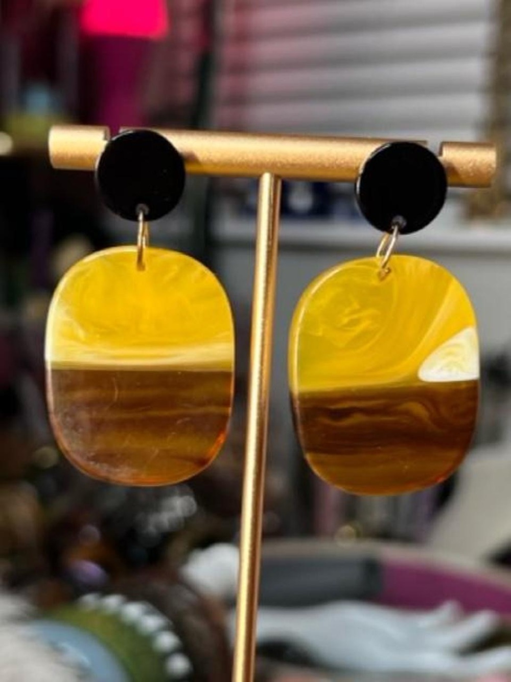 Handmade Yellow and Brown Resin Drop Earrings - Statement Women Jewelry